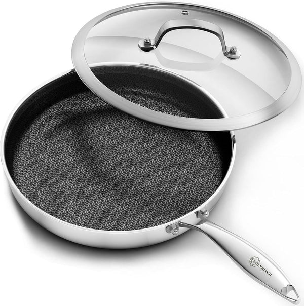 12 Inch Hybrid Nonstick Frying Pan with Glass Lid | PFOA Free | Stainless Steel Skillet | Non-Toxic | Stay-Cool Detachable Handle | Dishwasher and Oven Safe | Induction Ready1
