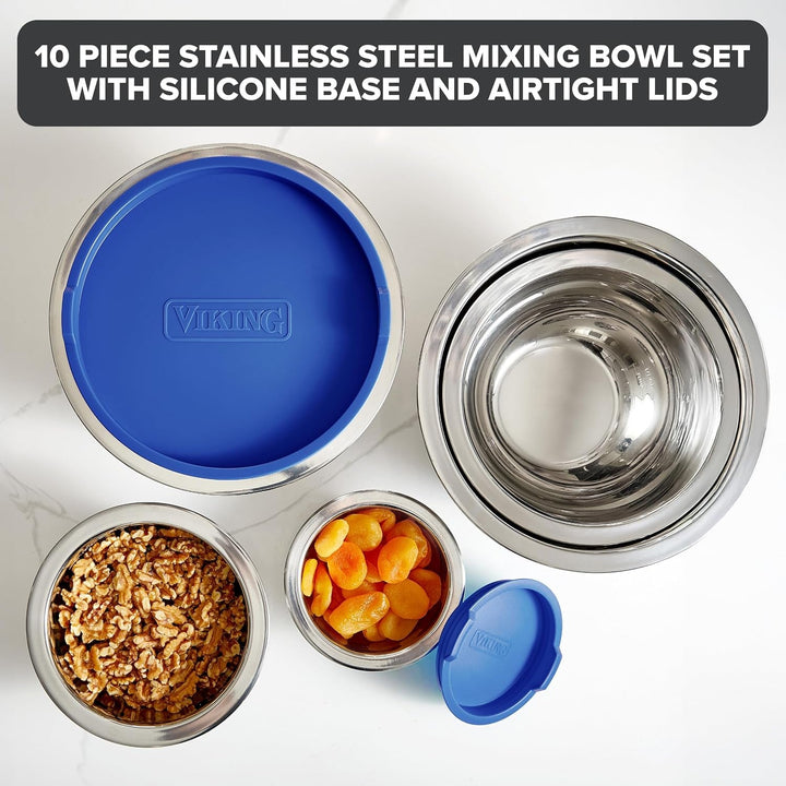 Viking Mixing Bowls Set, 10 Piece Stainless Steel Kitchen Cookware, Non-Slip Silicone Base, Includes Tight Fit Lids, Dishwasher Safe, Blue+2