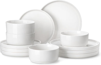 12 Pieces Porcelain Dinnerware Set, Modern White Dish Set for 4, Premium Serving Plates and Bowls Sets, Chip and Scratch Resistant Dishware Sets Kitchen Dishes Dining Ware Set, Series LEAH1