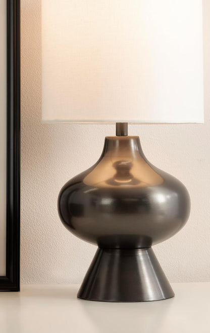 Bahira Modern Metal Bedside Table Lamp, 8 X 8 X 17, Gunmetal, Sculptural Decorative Tabletop Desk Lamp with Linen Shade for Living Room Decor5