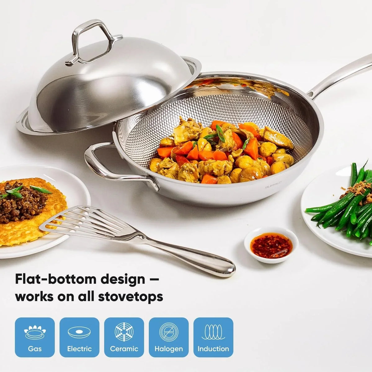 honeycomb-3ply-stainless-steel-wok-pan-11-inch-28cm-with-lid-flat-bottom-coating-free-non-stick-stir-fry-pan-advanced-scratch-resistant-design-with-stay-cool-long-handle