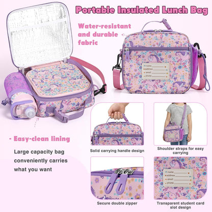 Bento Lunch Box for Kids with 7Oz Soup Thermo,Insulated Stainless Steel Kids Water Bottle with Straw and Insulated Lunch Bag,Leak-Proof Lunch Food Container with Ice Pack for School(Pink-Horse)6