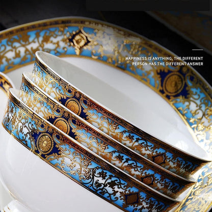 Elegant 80-Piece European-Style Bone China Dinnerware Set for 10 – Embossed Gold Pattern Plates, Bowls & Service Pieces – Perfect for Formal Dinners & Parties4