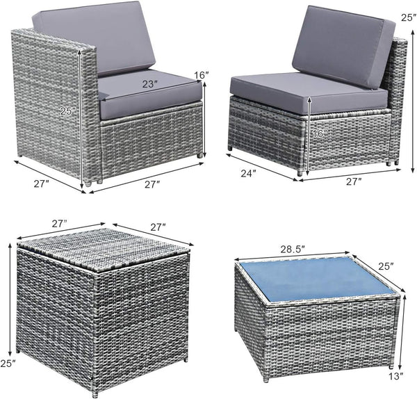 8 PCS Outdoor Patio Furniture Set, Rattan Wicker Sofa Set, Sectional Sofa Couch Conversation Set W/Storage Table and 12 Zippered Cushions for Garden Backyard Poolside (Grey)4