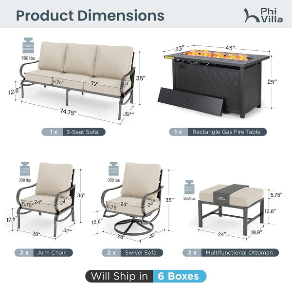 8 Piece Metal Patio Furniture Set with Fire Pit Table, Beige2