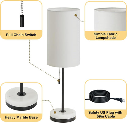 18" Minimalist Table Lamp Set of 2, Nightstand Lamp for Bedroom Living Room, Modern Pull Chain Bedside Lamp with Marble Base, Fabric Shade, Small Desk Lamp for Home, Office, Reading5