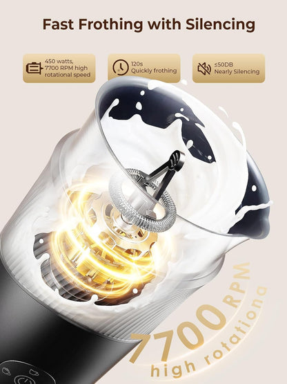 350Ml Electric Milk Frother: 4-In-1 Hot & Cold,120S Fast Frothing | 450W Milk Steamer with 180Ml Foam, under 55Db for Family Mornings - SUS304 Steel, 2 Whisks for Latte, Cappuccino4