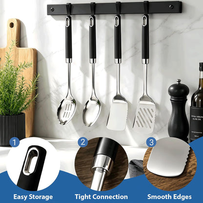 4PCS Stainless Steel Cooking Spatula Spoon Set, Metal Cooking Utensils Set with Anti-Scald Handle, Heat Resistant Kitchen Utensils Set with Turners, Serving Spoon, Ladle, Skimmer, Pasta Server5