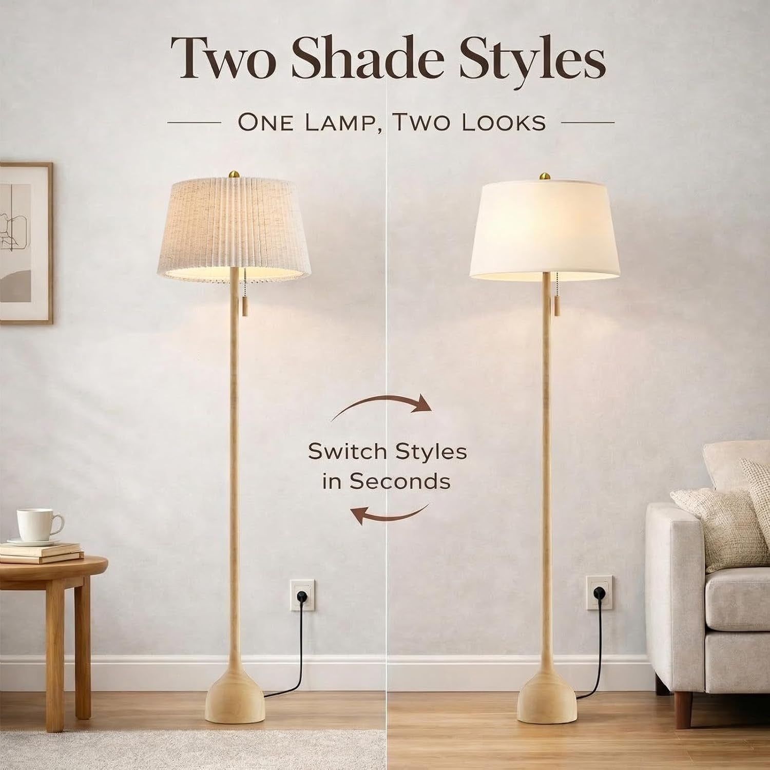 mid-century-modern-real-wood-floor-lamp-with-2-shades-for-two-looks-65-tall-sculptural-teardrop-base-wooden-pull-chain-vintage-standing-lamp-linen-shades-living-room-bedroom-bulb-included