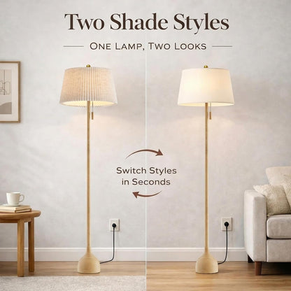 Mid Century Modern Real Wood Floor Lamp with 2 Shades for Two Looks | 65" Tall,Sculptural Teardrop Base,Wooden Pull Chain,Vintage Standing Lamp,Linen Shades,Living Room,Bedroom, Bulb Included5
