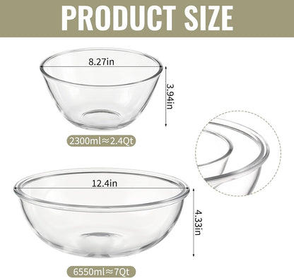 Glass Mixing Bowls with Lids, 2-Piece Large 7QT & 2.4QT Clear Glass Dough Proofing Container, Baking Mixing Bowl for Sourdough, Salad, and Kitchen Prep – Dishwasher Safe2