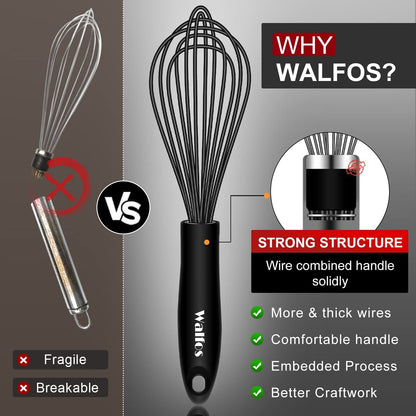 Silicone Whisk,Stainless Steel Wire Whisk Set of 3 -Heat Resistant 480°F Kitchen Whisks for Non-Stick Cookware,Balloon Egg Beater Perfect for Blending,Whisking,Beating,Frothing & Stirring,Black2