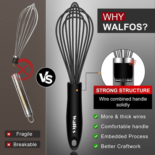 Silicone Whisk,Stainless Steel Wire Whisk Set of 3 -Heat Resistant 480°F Kitchen Whisks for Non-Stick Cookware,Balloon Egg Beater Perfect for Blending,Whisking,Beating,Frothing & Stirring,Black2