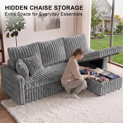81" Sectional Sleeper Sofa Bed with Storage Chaise & USB Charging, Plush Corduroy L-Shaped Pull Out Couch Bed, Modular Sectional Sofa Couches for Living Room Bedroom, Light Grey5