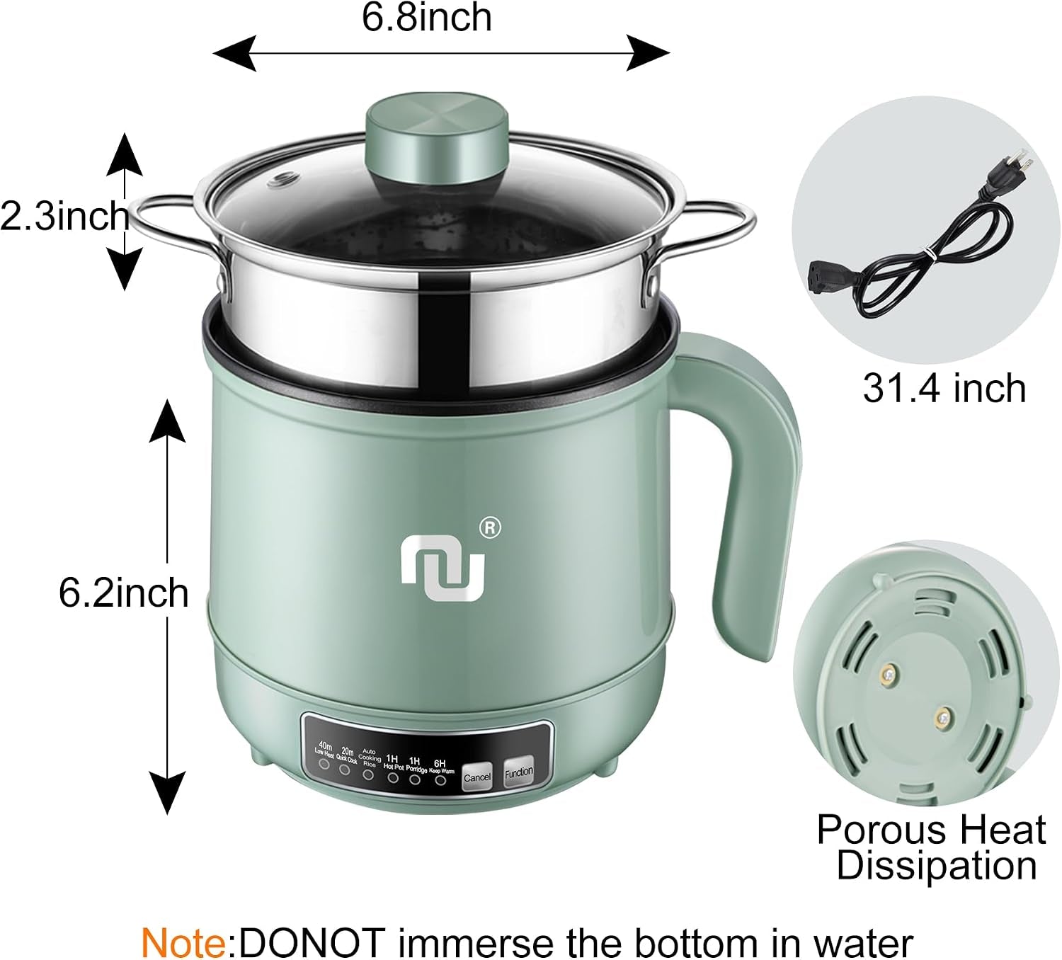 smart-mini-hot-pot-with-timer-and-automatic-shut-off-1-2l-non-stick-rapid-noodle-cooker-w-stainless-steel-steamer-basket-600w-quick-cook-5-cooking-modes-for-soup-rice-1cup-porridge-pasta-great-for-1-2-persons-green
