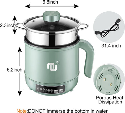 Smart Mini Hot Pot with Timer and Automatic Shut off 1.2L Non-Stick Rapid Noodle Cooker W Stainless Steel Steamer Basket 600W Quick Cook 5 Cooking Modes for Soup, Rice (1Cup) , Porridge, Pasta Great for 1-2 Persons (Green)6