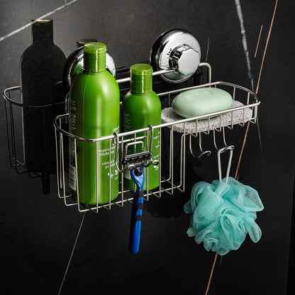 HASKO Suction Cup Shower Caddy Basket for Shampoo, Shower Suction Shelf Organizer, Basket with Soap Holder and Hooks, Stainless Steel Shampoo Holder for Bathroom Storage, Chrome2