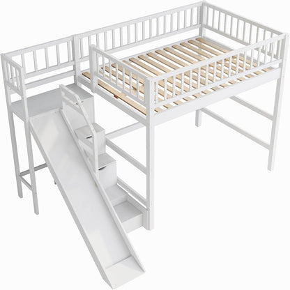 Full Size Loft Bed with Storage Staircase, Slide & LED Light, Wooden Bunk Bed for Bedroom with Built-In Shelves, White9