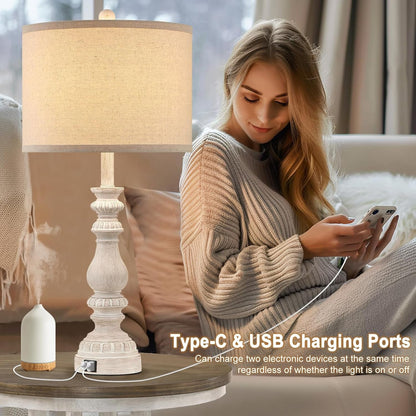 28.5" Tall Farmhouse Table Lamps Set of 2 for Living Room Rustic Bedside Lamps with USB C+A Traditional Lamp for Bedroom Nightstand Office Hallway, Washed White, Rotary Switch, Bulb Not Included3