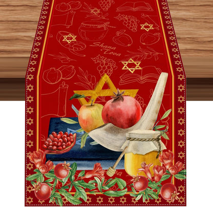 Linen Gold Rosh Hashanah Table Runner Jewish Festival Shana Tova Decorations and Supplies for Home Kitchen Dining Room Table, Colourful, GHJ-10381