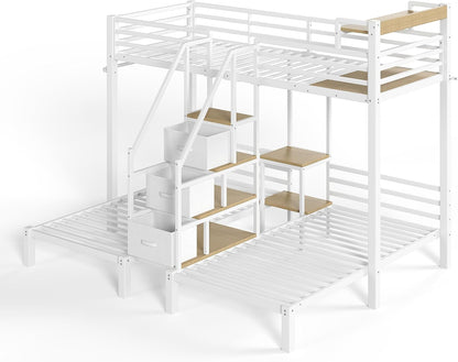 Twin Triple Bunk Bed with Storage Shelves and Storage Stairs, 3 Bunk Bed for Kids, Adults（Heavy Metal, White）6