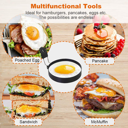 Large 3.5" Nonstick Egg Rings Set of 4, round Crumpet Ring Mold Shaper for English Muffins Pancake Cooking Griddle - Portable Grill Accessories for Camping Indoor Breakfast Sandwich Burger | Stainless Steel Fried Egg Cooker Ring Molds for English Muffin. Heat-Resistant Silicone Handles Ideal for Griddle & Camping.3