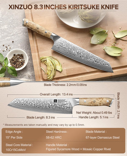 Damascus 8.3 Inch Kiritsuke Chef Knife,Hand Forged High Carbon Steel Sharp Kitchen Cutting Knife,Comfortable Ergonomic Full Tang Figured Sycamore Wood Handle5