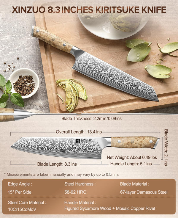 Damascus 8.3 Inch Kiritsuke Chef Knife,Hand Forged High Carbon Steel Sharp Kitchen Cutting Knife,Comfortable Ergonomic Full Tang Figured Sycamore Wood Handle5