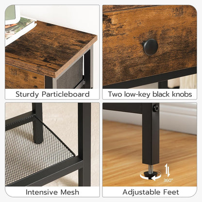 29.5" Narrow Console Table with 2 Fabric Drawers, Sofa Table, Small Entryway Table with 3-Tier Storage Shelves, behind Couch Table, for Living Room, Hallway, Rustic Brown and Black BF72XG018