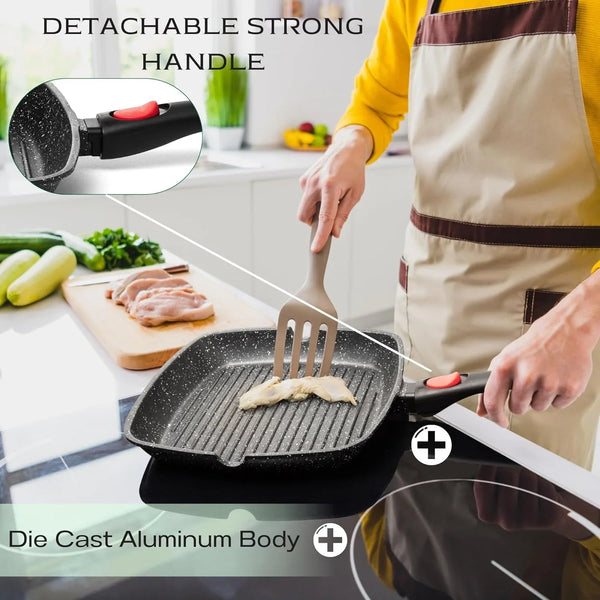 Grill Pan for Indoor Cooking 11Inch Nonstick Square Grill Pan | RV Induction Griddle Pan with Removable Handle for Gas, Electric & Ceramic Stovetops, Oven Safe Skillet with Pour Spouts7