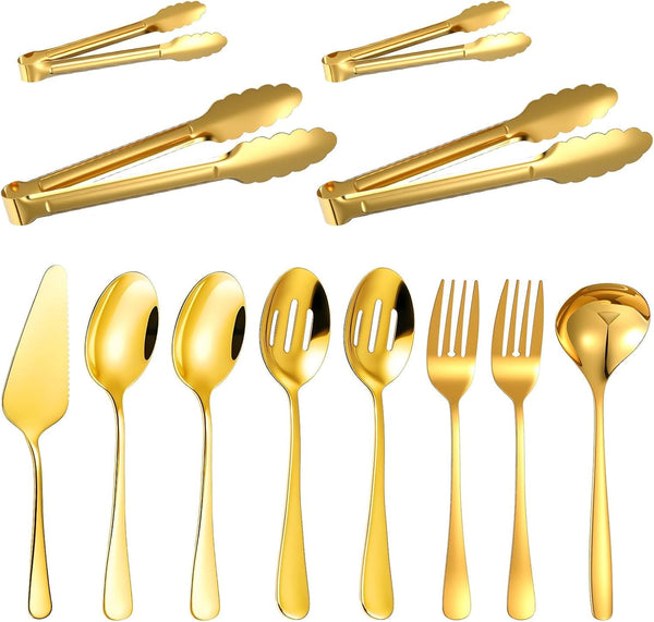 12 Pieces Gold Serving Utensils, Stainless Steel Cooking Utensils Set, Include Serving Spoons, Slotted, Spoons, Forks, 2 Sizes Tongs, Soup Ladle and Pie Cake Server for Kitchen Restaurants Buffet1