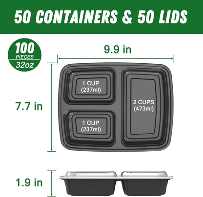 50 Pack 32 Oz Meal Prep Containers with Lids 3-Compartment, Black2