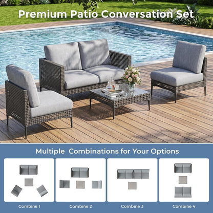 Patio Sofa Funiture Set 4 Seats, 5 Piece Rattan Sectional Sofa with Table3