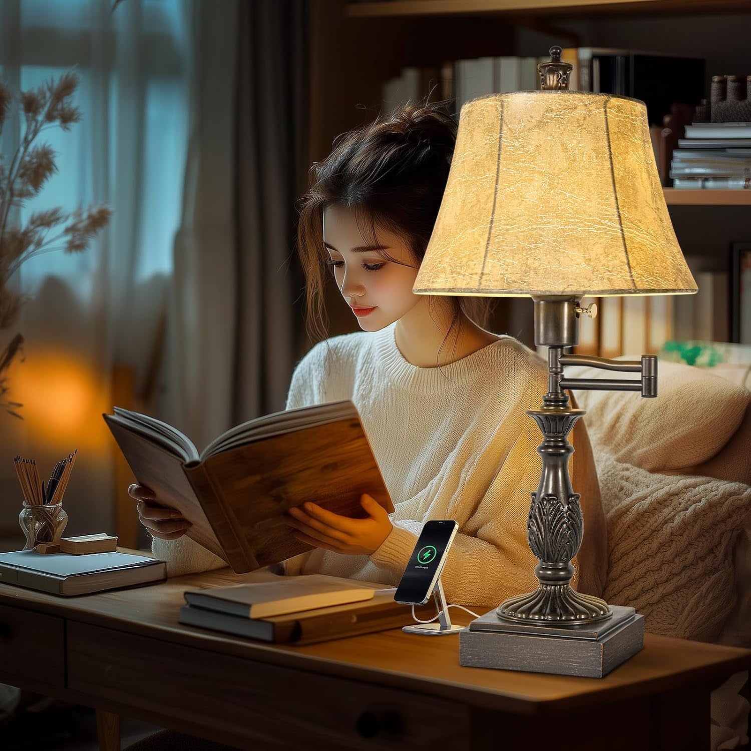 swing-arm-table-lamp-set-of-2-with-usb-ports-for-living-room-traditional-350-adjustable-arm-23-5-tall-nightstand-lamp-brown-finish-faux-leather-shade-decor-for-bedroom-office