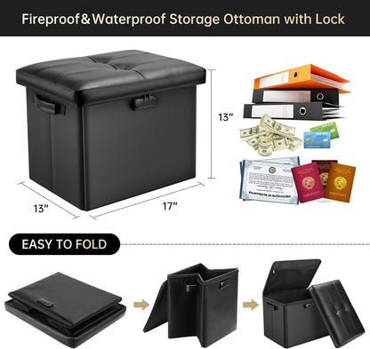 Storage Ottoman with Lock,Fireproof Folding Ottoman Foot Rest Stool Storage Chest with Storage Safe for Important Documents,Waterproof 17 Inches Short Ottoman Foot Stool with Handles,Black3