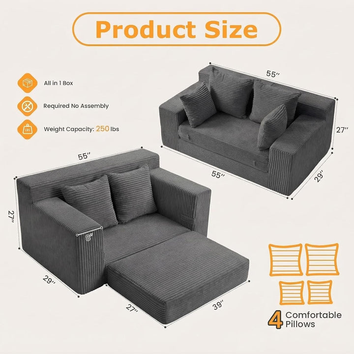 Winzon Boneless Loveseat, 3 in 1 Convertible Sofa Bed Sleeper Sofa Floor Futon Bed with 4 Pillows, 55" Grey Boneless Couch for Living Room, Guest Room, Small Space, No Assembly Required, Corduroy+2