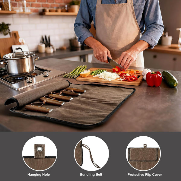 Chef’S Knife Roll Bag, Portable Canvas Cases, Chef Bag with 5 Slots Pockets Can Hold Kitchen Knife Tools up to 15 Inch3