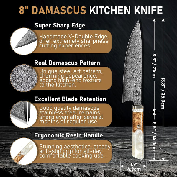 Japanese Chef Knife, 8" 67 Layers Damascus Knife with VG10 Core, Professional Hand Forged Kitchen Knife with Noble Resin Handle, Non-Stick and Razor Sharp Chef'S Knives with Gift Box for Kitchen Use6