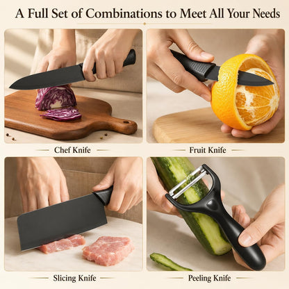 7PCS Kitchen Knife Set,5 Black Stainless Steel Knives with Sheaths, Cutting Board, and a Knife Block,Stainless Steel Kitchen Knives with PP Ergonomic Handle2