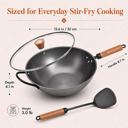 12.6 Inch Carbon Steel Wok with Lid, Flat Bottom Induction Wok Pan, Non-Coated Stir Fry Wok Skillet with Helper Handle, Gas Electric Ceramic Halogen Compatible, Includes Iron Wok Spatula8
