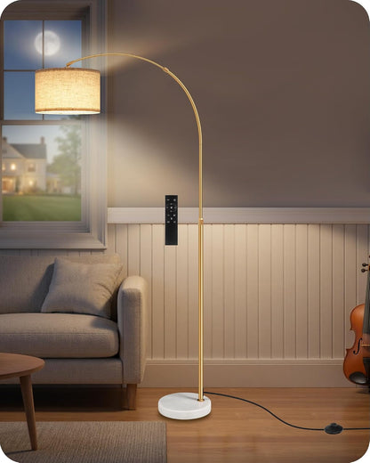 75" Arc Floor Lamp with Marble Base and Adjustable Height, Rotating Hanging Shade, Dimmable Gold Floor Lamp for Living Room with Remote and Foot Switch, 3 Color Temperatures, Timer, DE15LD059