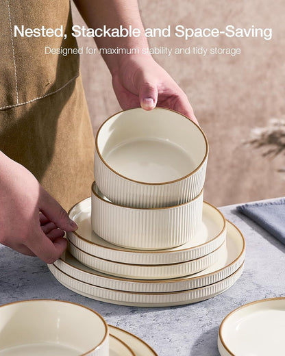 Plates and Bowls Set with Rim, Stoneware Dinnerware Sets for 46