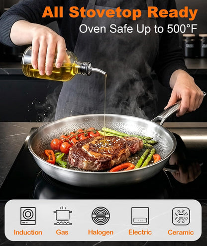 Titanium Pans for Cooking, 12" Uncoated Hammered Titanium Pro Frying Pan, PFAS Free Cookware, Frying Pan with Lid, Non Toxic Tri-Ply Skillet for Cooking, PFAS/PFOA/PTFE Free, Induction & Oven-Safe3