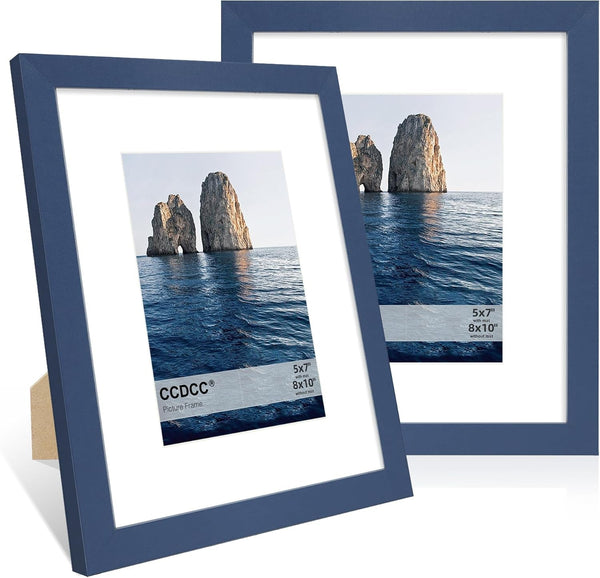 8X10 Picture Frame Set of 2, 8 X 10 Wood Photo Frames with Mat for 5X7, Natural Wooden Frame with Real Glass Cover for Wall and Tabletop Display,Blue1