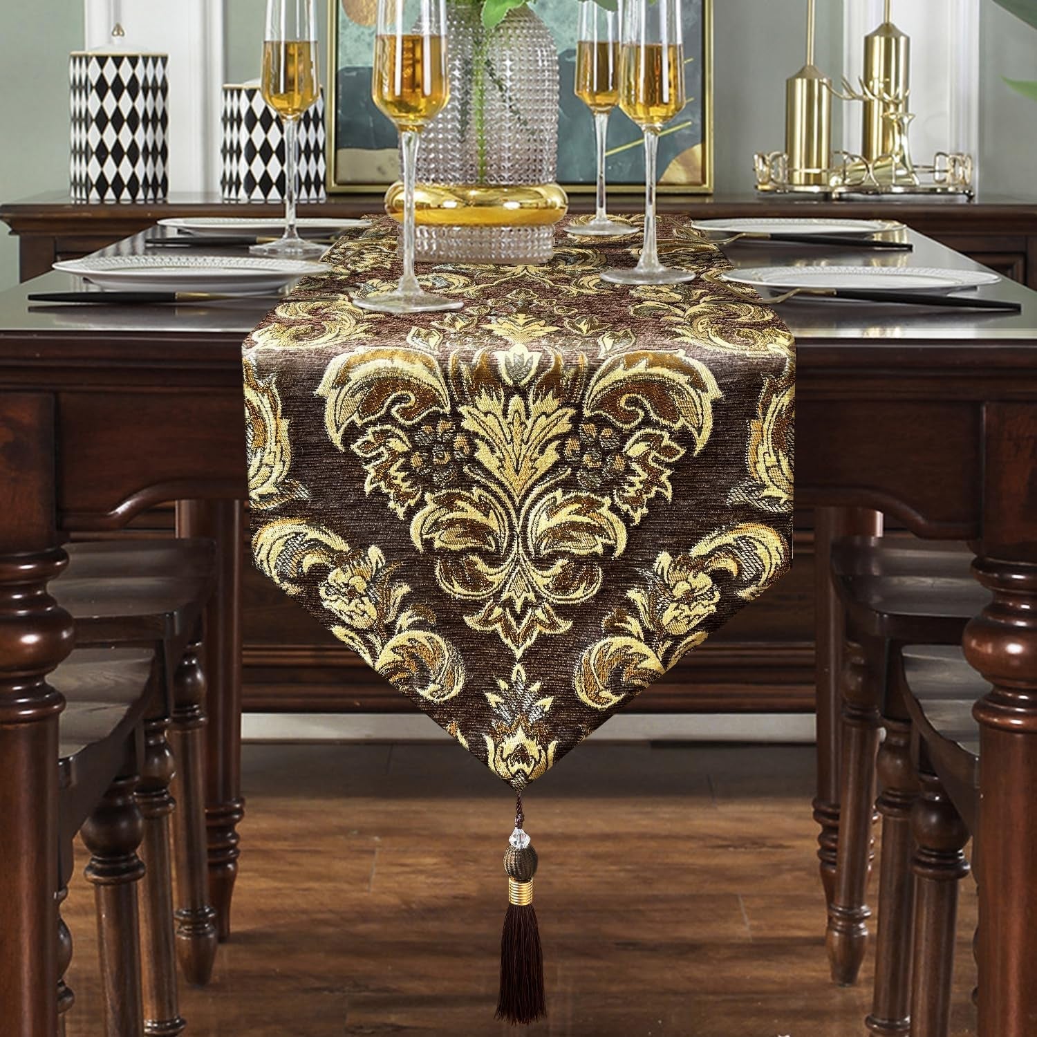 table-runners-retro-flowers-luxury-jacquard-with-tassels-dark-brown-13x60