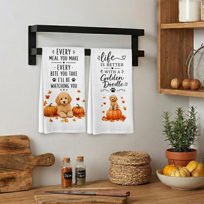 Fall Goldendoodle Pumpkin Kitchen Tea Dish Towels, Farmhouse Autumn Seasonal Dog Pumpkin Dish Towels for Kitchen, Goldendoodle Gifts Hand Towel for Bathroom 16X24In Set of 22