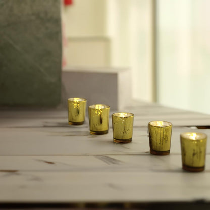 WGV Gold Speckled Tea Light Votive Candle Holder 2.2X2.75, Small Tiny Utility Cylinder Mercury Glass Vase, Home Accent Decor, 6 Pieces6