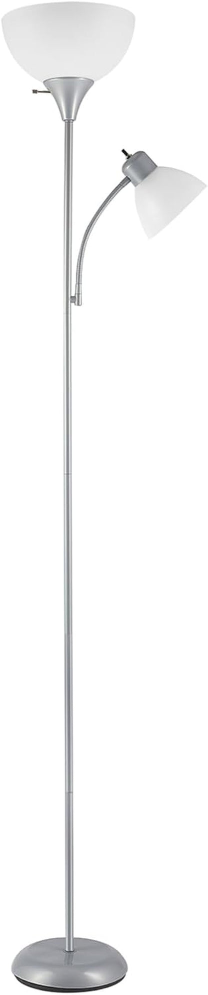 67134 72" Torchiere Floor Lamp and Adjustable Reading Light, Silver, Frosted Shade, Dual Rotary Switch, 3-Step Dimming, Modern Lighting for Living Room or Office, Timeless1