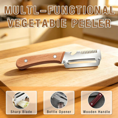 2Pcs Multifunctional Vegetable Peeler,Wooden Kitchen Tool with Bottle Opener,3 in 1 Kitchen Gadgets Stainless Steel Peelers for Fruit Veggie2