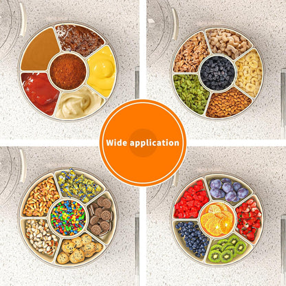 Divided Serving Tray with Lid and Handle, Stackable Snackle Box Container for Fruits Candy Organizer, Portable Spinning Rounded Veggie Tray for Kitchen, Party, Trave and Picnic-1 PACK3